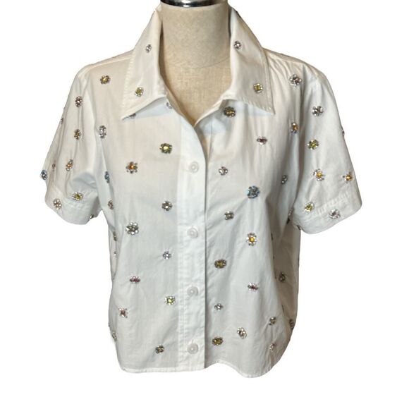 J Crew Collection Gamine Shirt 6 White Jewel Bling Rhinestone Button Up - Picture 2 of 8